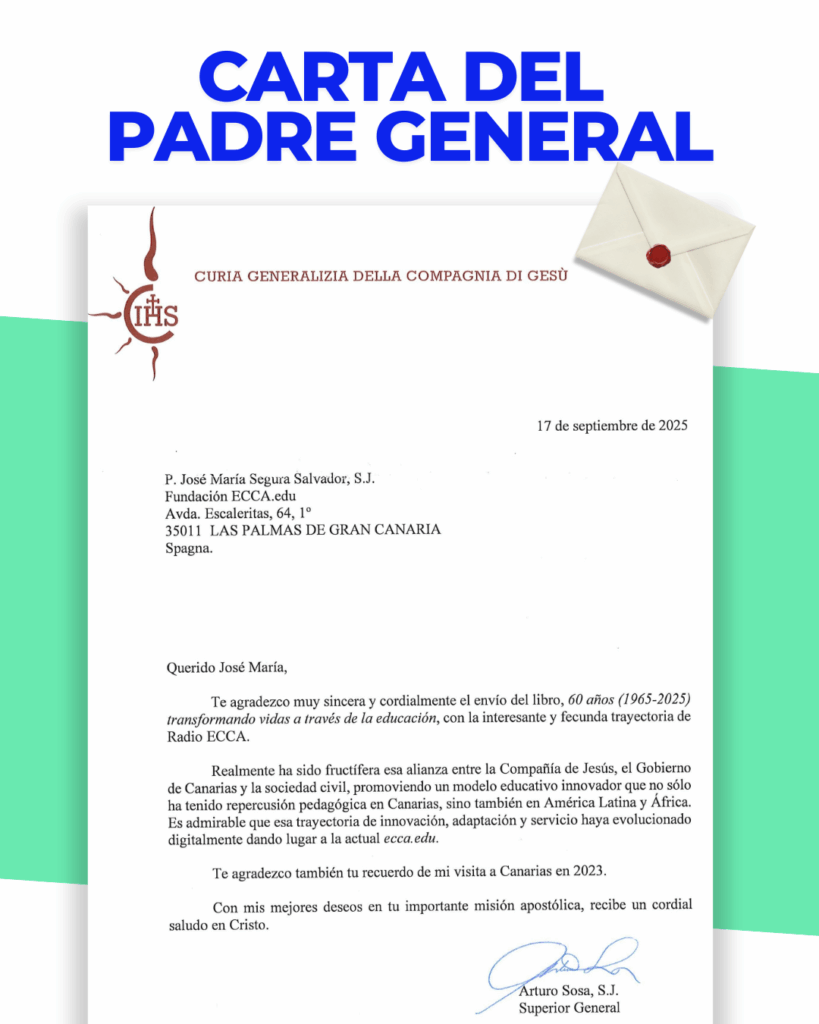 Carta en la que el Superior General de la Compañía de Jesús reconoce la trayectoria de ecca.edu
