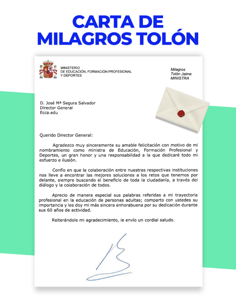 Milagros Tolón, ministra de Educación, reconoce la trayectoria de 60 años de ecca.edu 